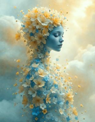The primary subject of the image is a woman with a flower crown on her head. She is surrounded by a beautiful and colorful floral arrangement, which includes yellow and blue flowers. The setting is a cloudy sky, creating a serene and dreamy atmosphere. The visual style of the image is a combination of digital art and illustration, giving it a unique and artistic appearance. The dominant colors in the image are yellow, blue, and white, which contribute to the overall mood of the scene.